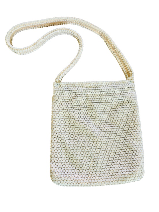 Handbags - Vintage 1920s Ceramic Flat Bead White Mesh Crossbody Bag with Snap Closure